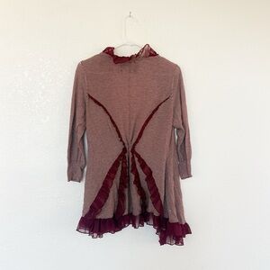 Guinevere Anthropologie Striped Ruffle Sweater Thin Knit Burgundy Cardigan L